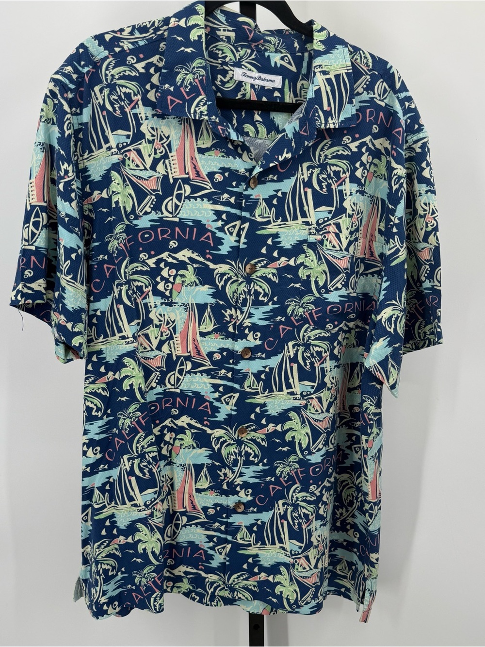 Tommy Bahama California Print Silk Camp Shirt in Blue & Green XL